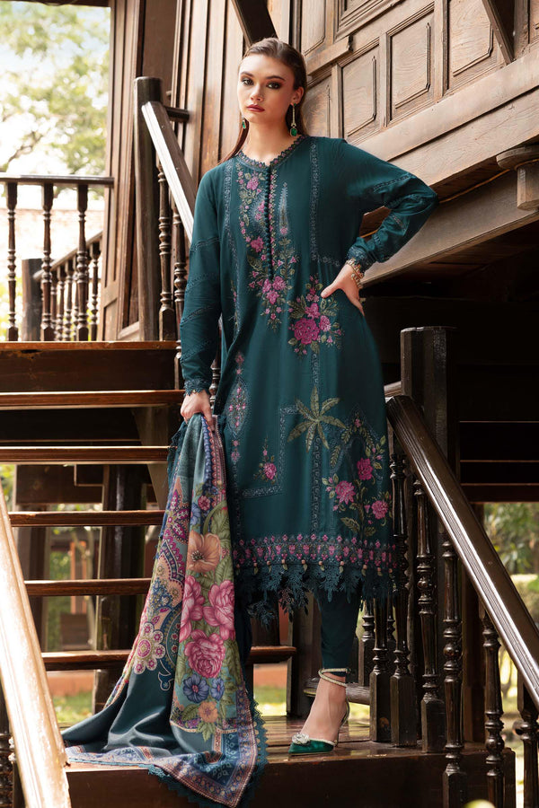 3 Piece Unstitched Embroidered Twill Linen Suit — Teal