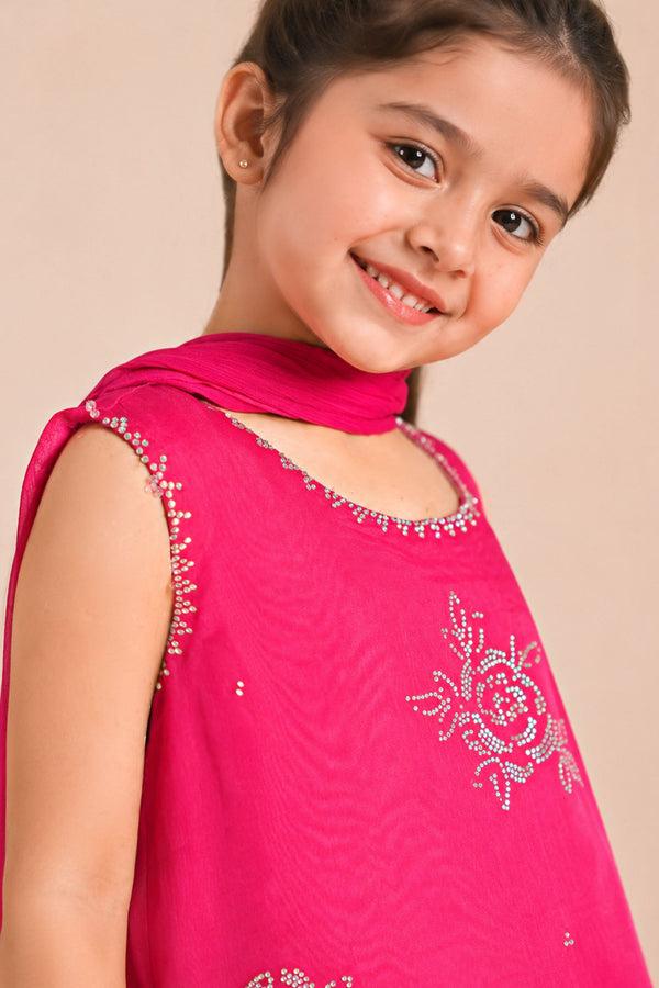 3 Piece Embroidered Organza Kids Suit — Pink
