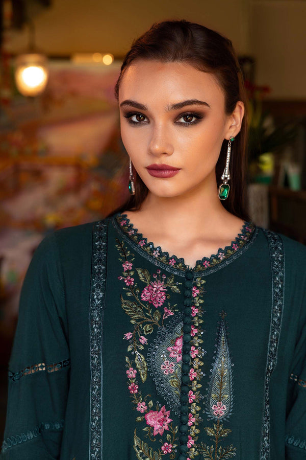 3 Piece Unstitched Embroidered Twill Linen Suit — Teal