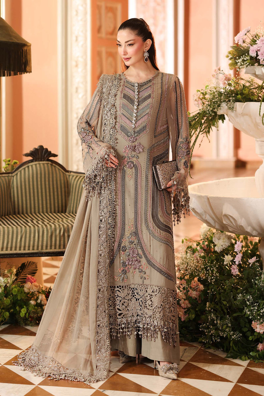 3 Piece Embroidered Chiffon Suit — Mouse Grey