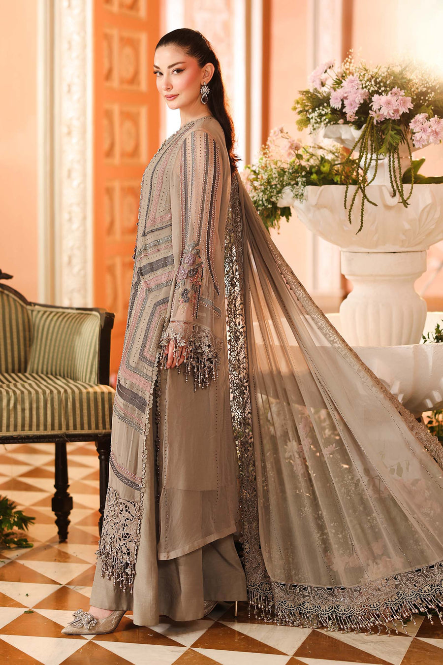 3 Piece Embroidered Chiffon Suit — Mouse Grey
