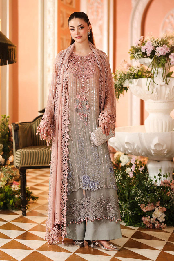 3 Piece Embroidered Chiffon Suit — Pink & Grey