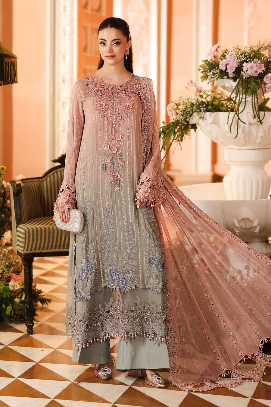 3 Piece Embroidered Chiffon Suit — Pink & Grey