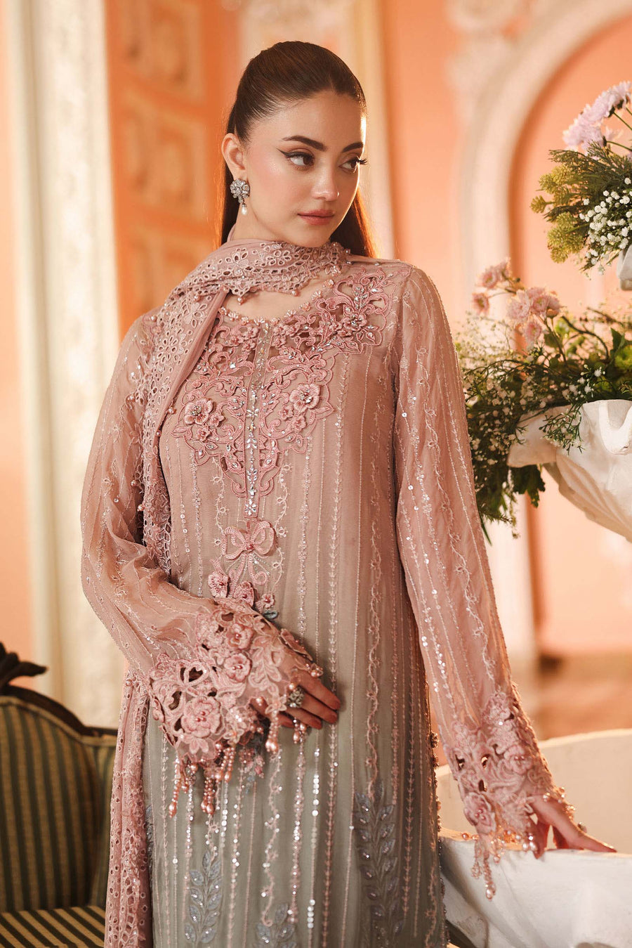 3 Piece Embroidered Chiffon Suit — Pink & Grey
