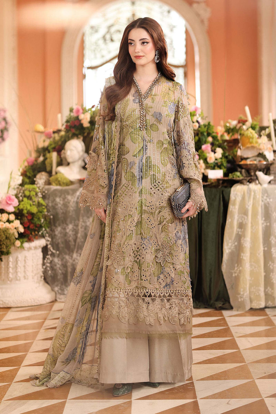 3 Piece Embroidered Chiffon Suit — Coffee