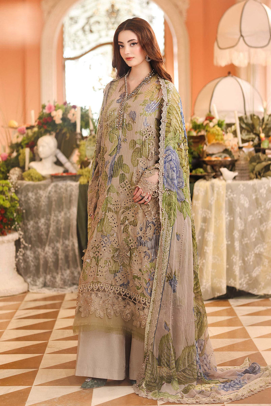 3 Piece Embroidered Chiffon Suit — Coffee