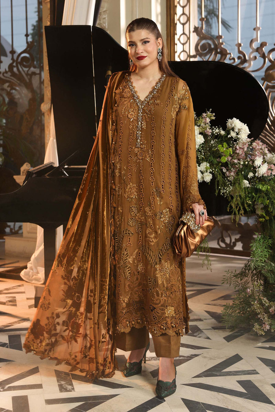 3 Piece Embroidered Chiffon Suit — Mustard