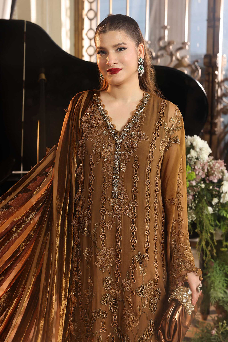 3 Piece Embroidered Chiffon Suit — Mustard