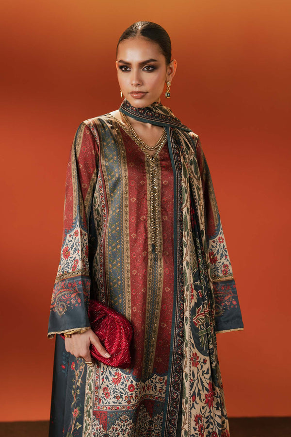 3 Piece Embroidered Satin Silk Suit — Teal