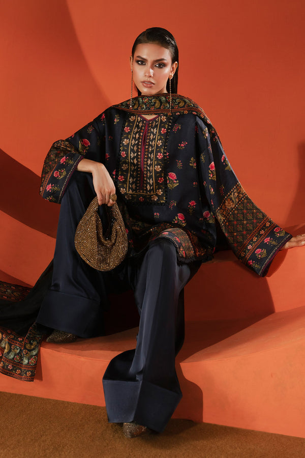 3 Piece Printed Satin Silk Suit — Blue