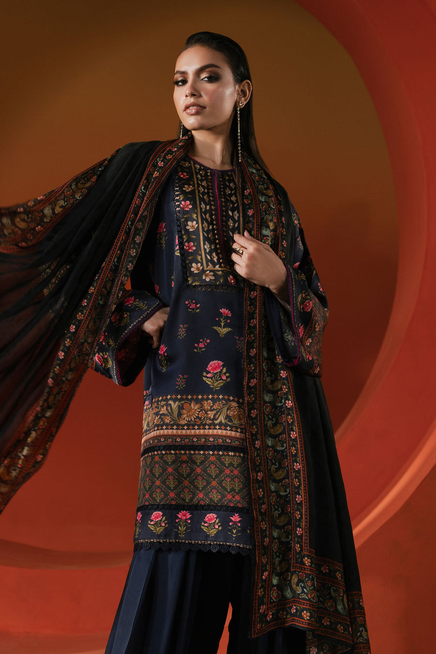 3 Piece Printed Satin Silk Suit — Blue