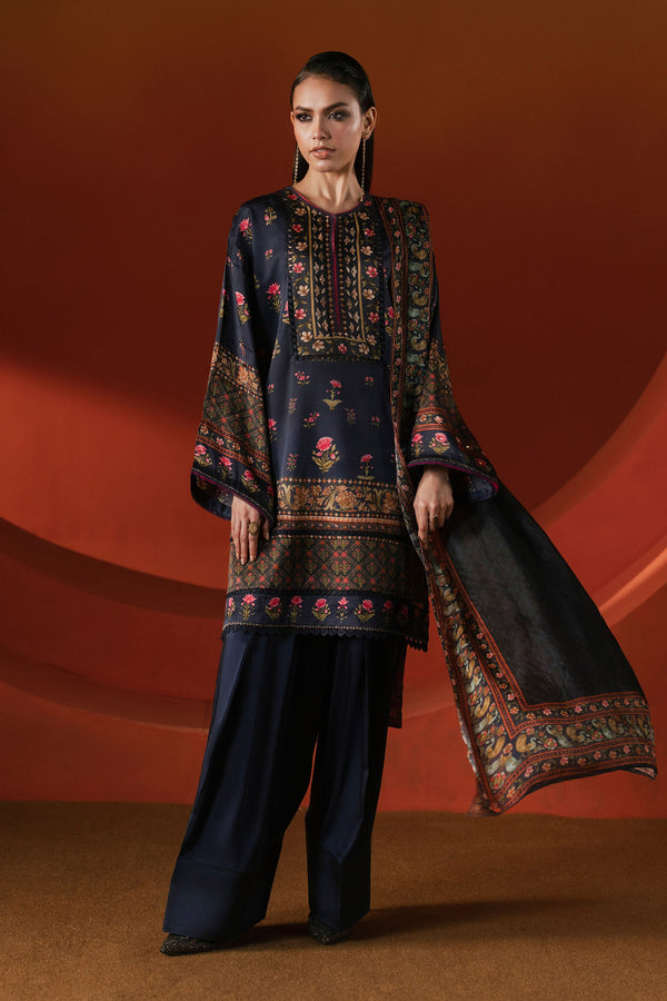 3 Piece Printed Satin Silk Suit — Blue