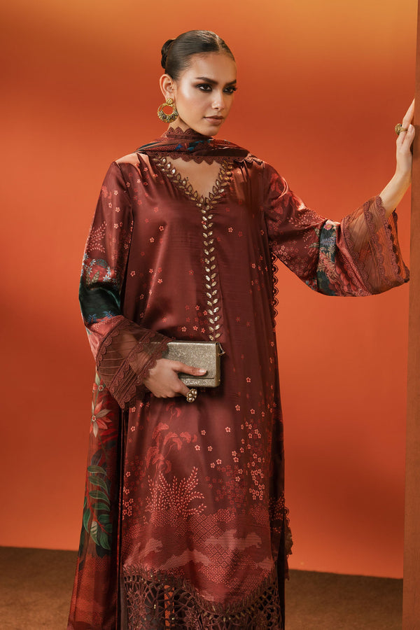 3 Piece Embroidered Satin Silk Suit — Maroon