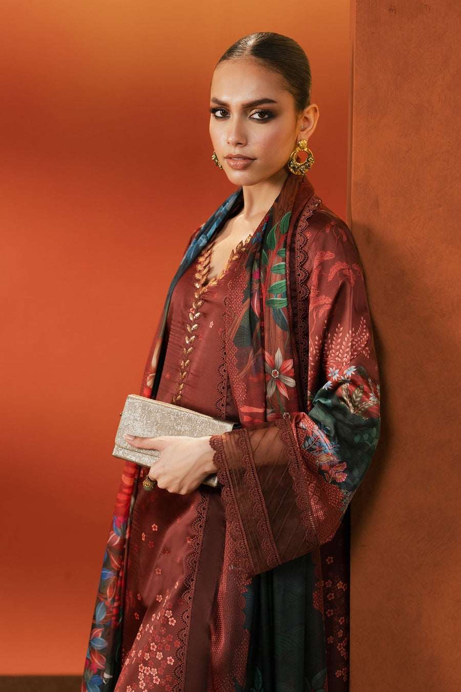 3 Piece Embroidered Satin Silk Suit — Maroon