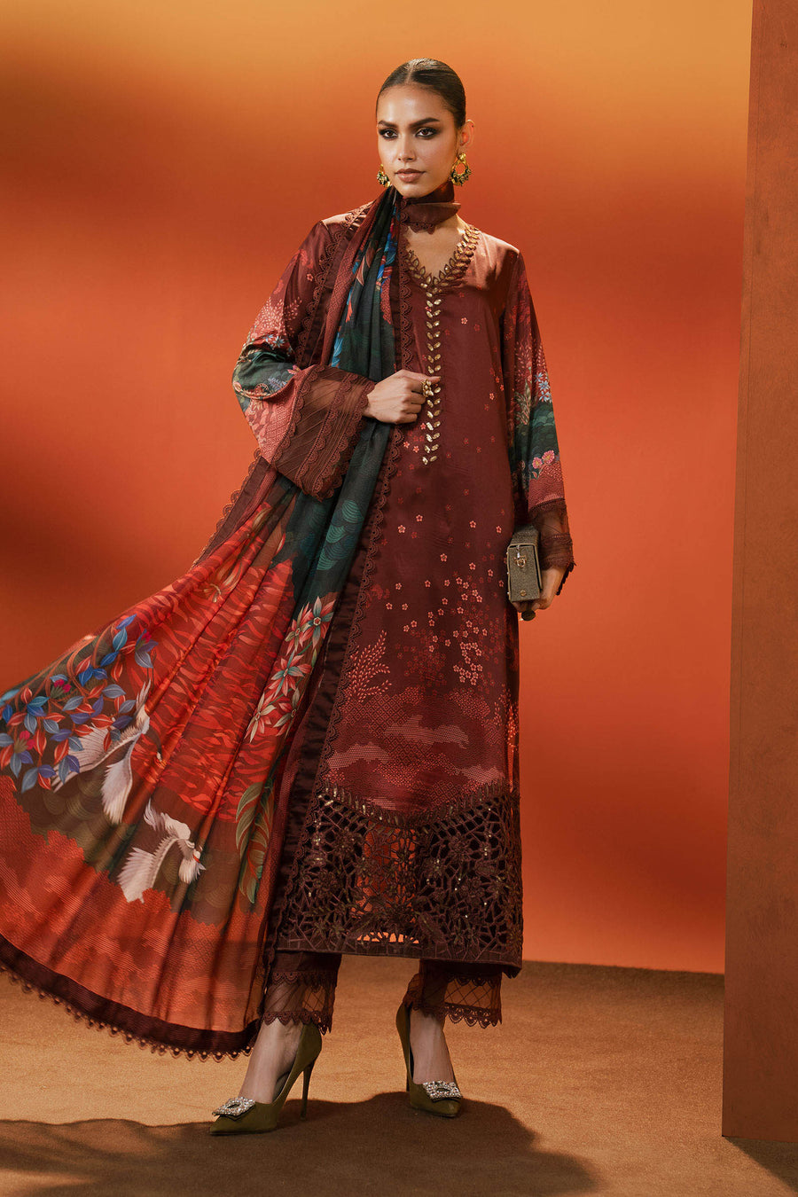 3 Piece Embroidered Satin Silk Suit — Maroon