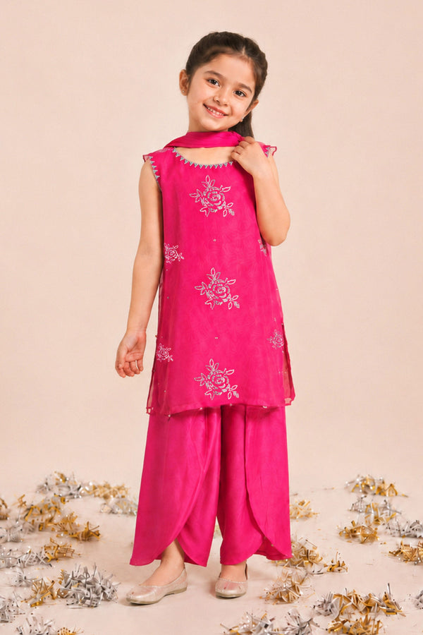 3 Piece Embroidered Organza Kids Suit — Pink