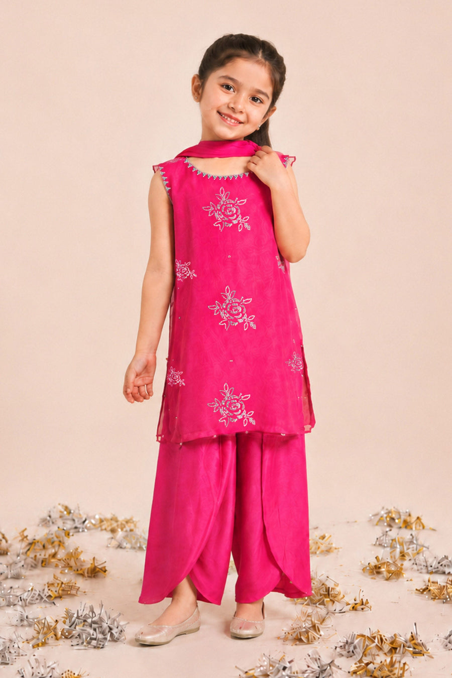 3 Piece Embroidered Organza Kids Suit — Pink