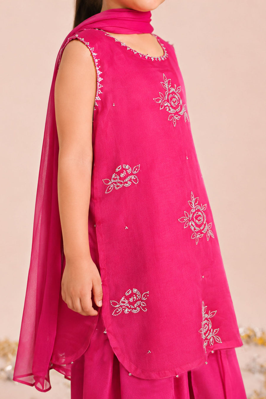 3 Piece Embroidered Organza Kids Suit — Pink