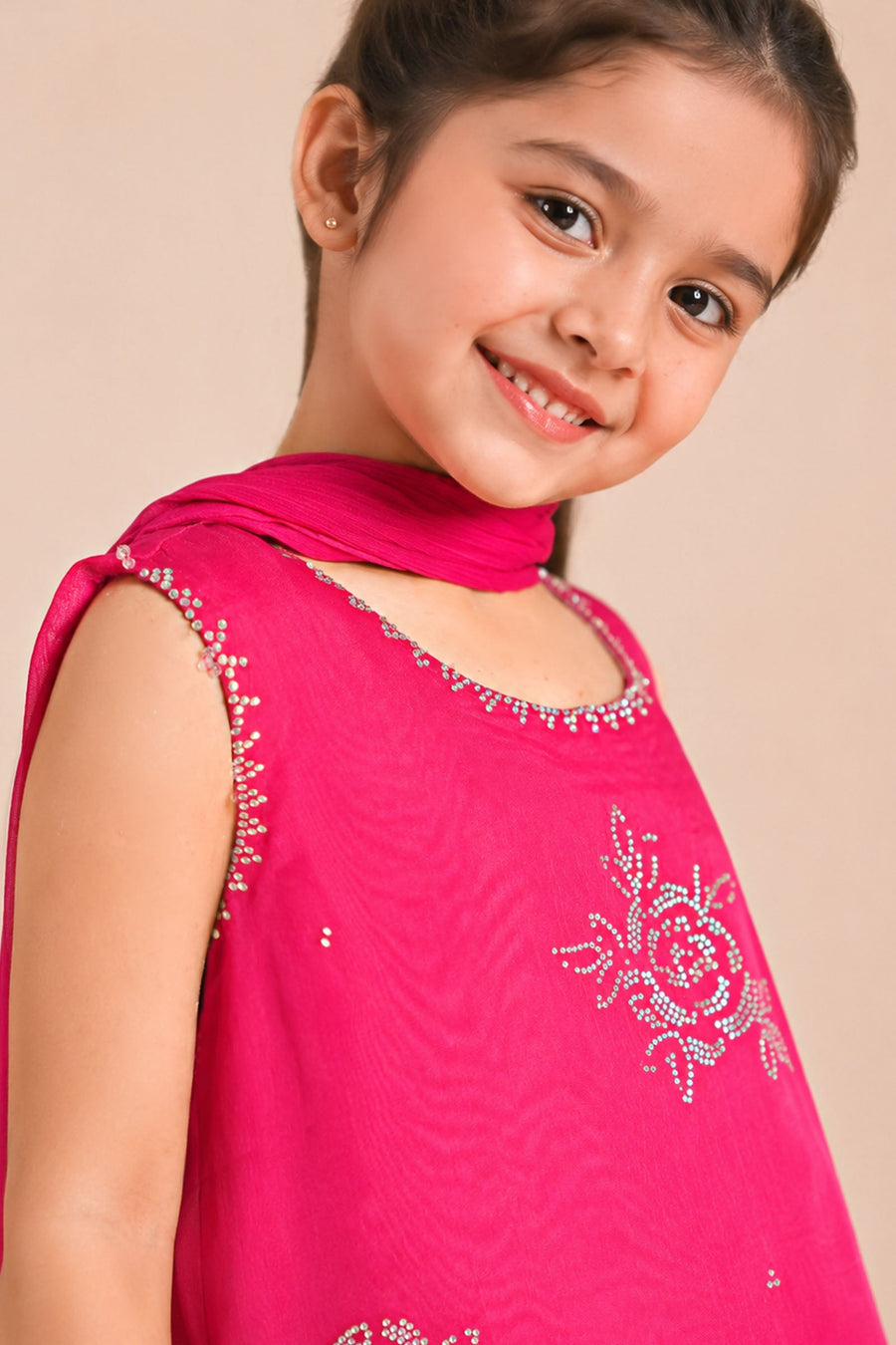 3 Piece Embroidered Organza Kids Suit — Pink