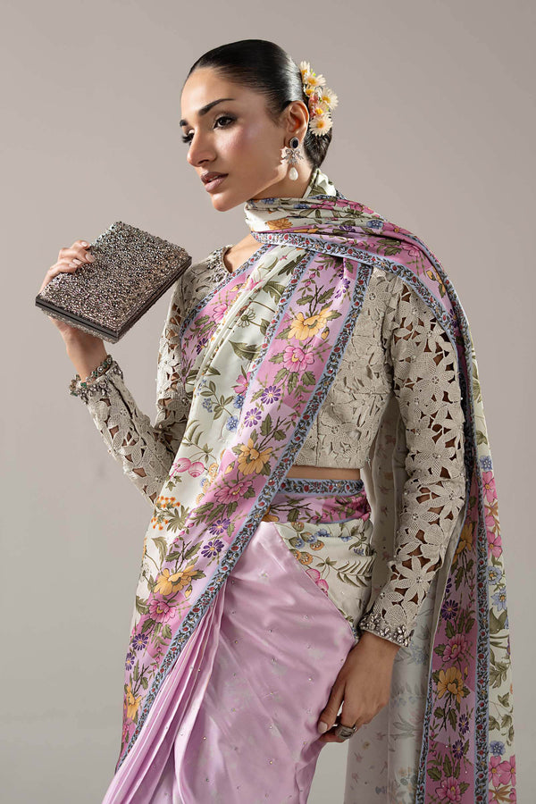Embellished Charmeuse Saree — Off White
