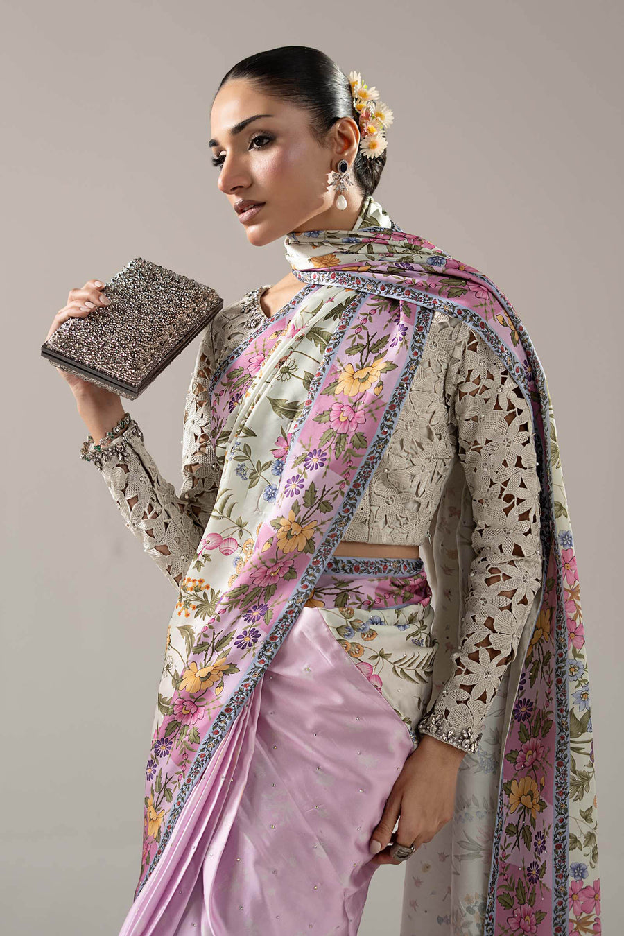 Embellished Charmeuse Saree — Off White