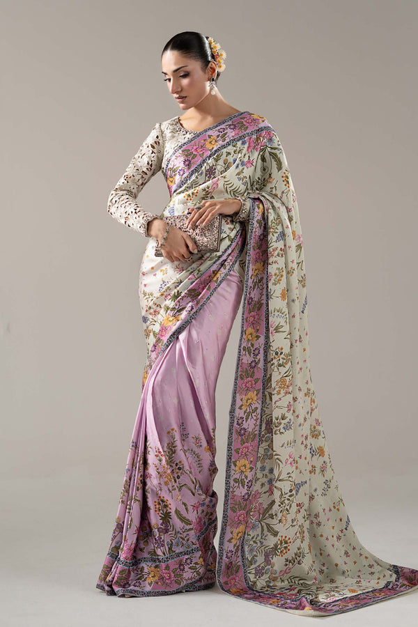 Embellished Charmeuse Saree — Off White