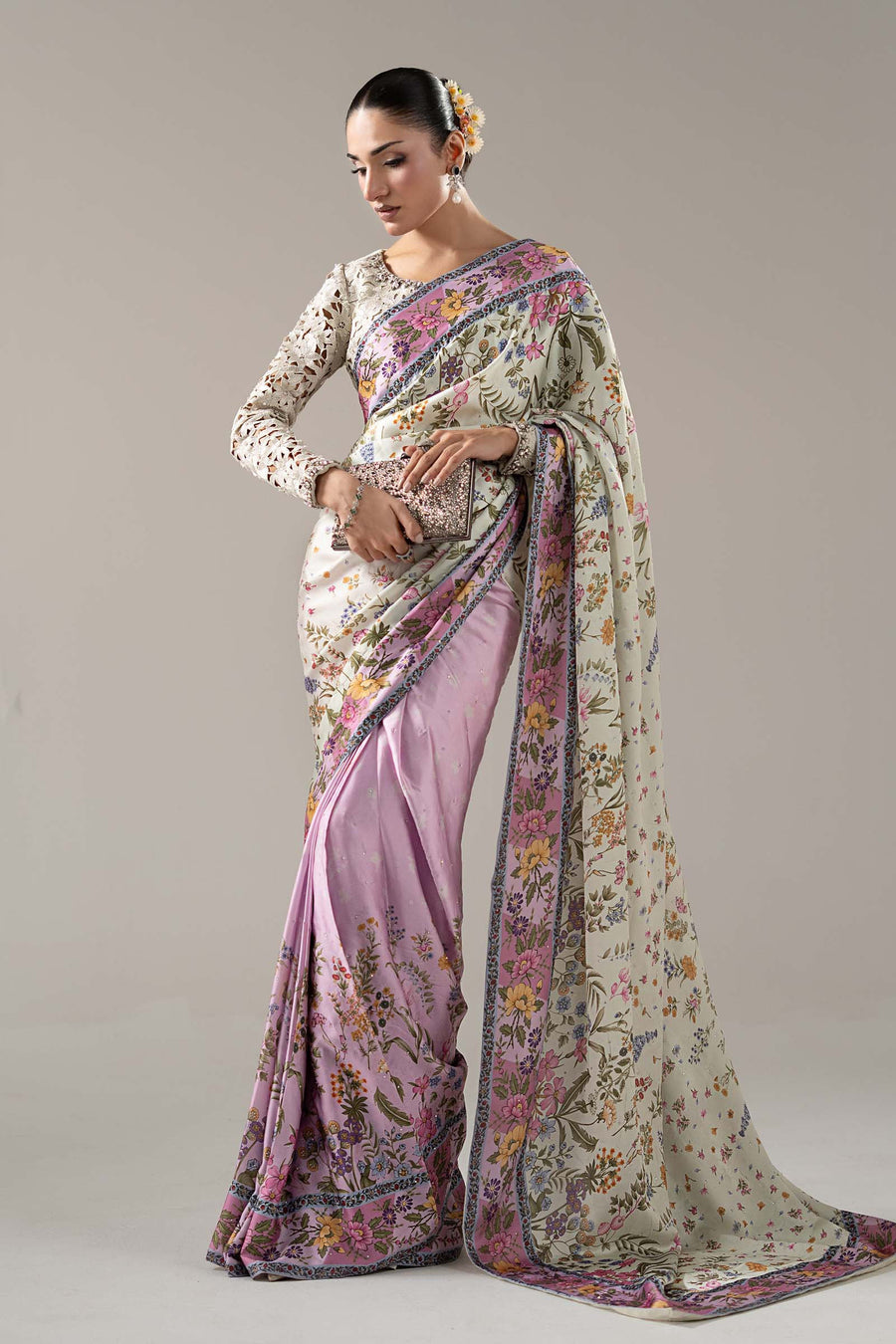 Embellished Charmeuse Saree — Off White