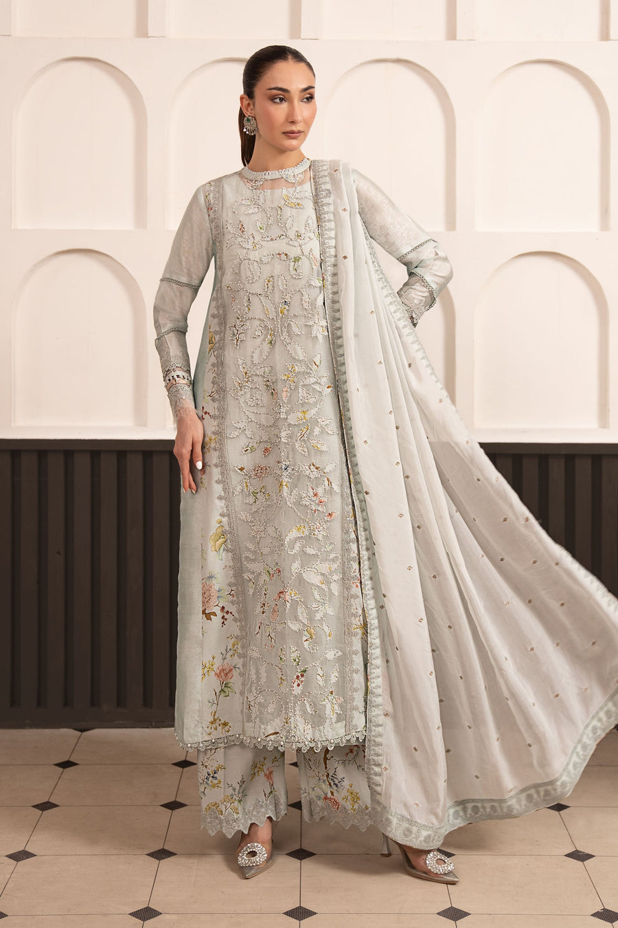 3 Piece Embroidered Raw Silk Suit — Ice Blue