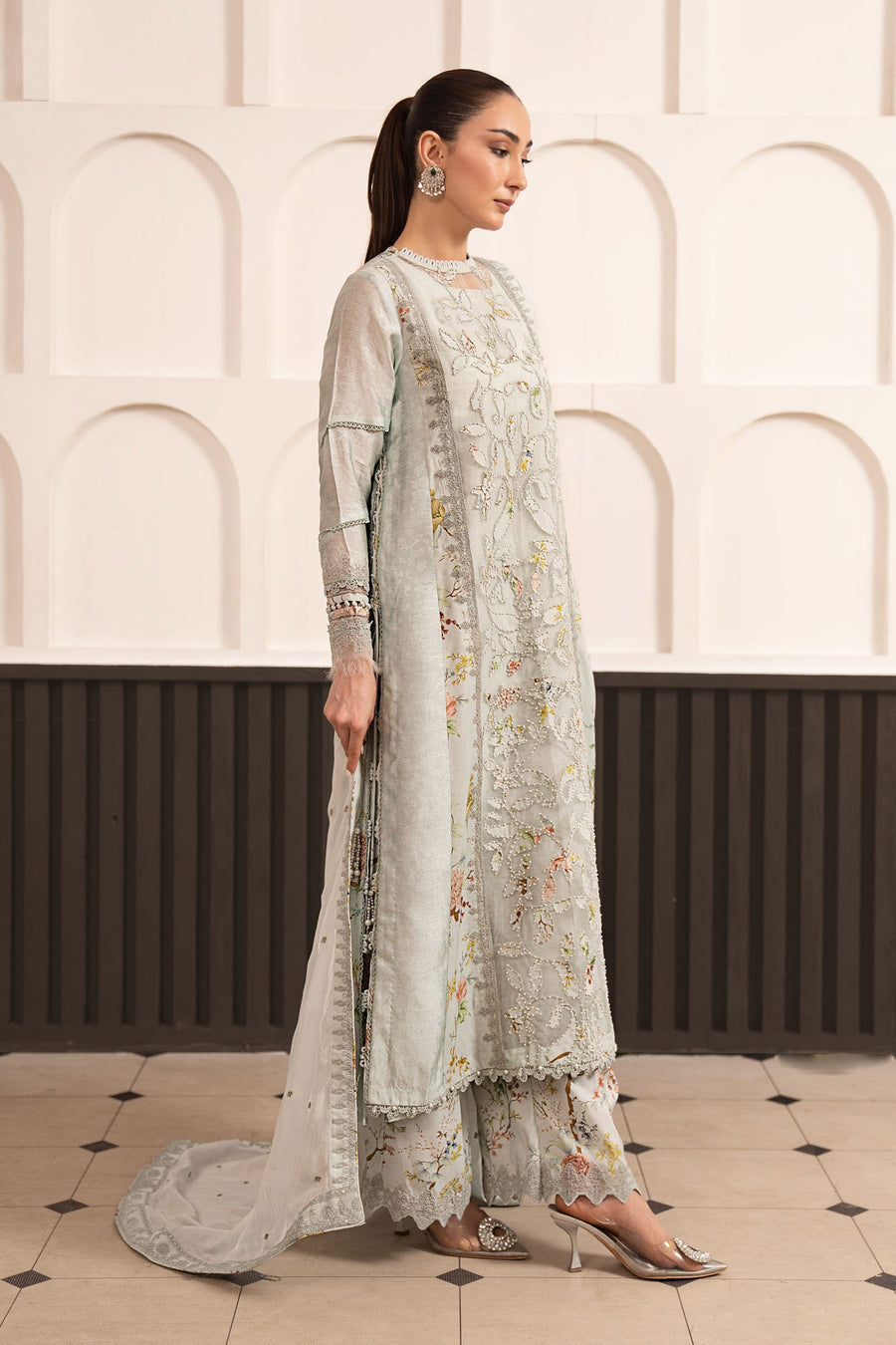 3 Piece Embroidered Raw Silk Suit — Ice Blue